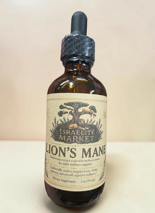 Israelite Market Lion's Mane mushroom glycerite extract in amber glass bottle with dropper, for cognitive wellness and focus.
