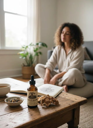 Israelite Market Lion's Mane Glycerite Extract bottle with dried mushrooms and a woman meditating in the background.