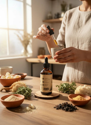 Israelite Market Lion's Mane Mushroom Extract liquid supplement in amber bottle with dropper, surrounded by ingredients.